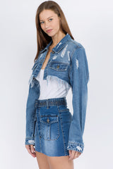 American Bazi Distressed Denim Jacket with Frayed Hem Trendsi