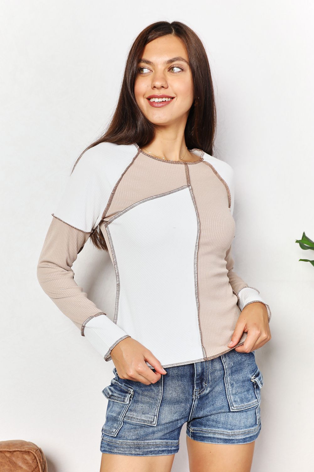 Double Take Color Block Exposed Seam Top Trendsi