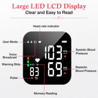 Blood Pressure Monitor, Wrist Pressure LCD Display Automatic Voice Pulsometer Sphygmomanometer, Rechargable Heart Health BP Monitor for Home Travel Use,White