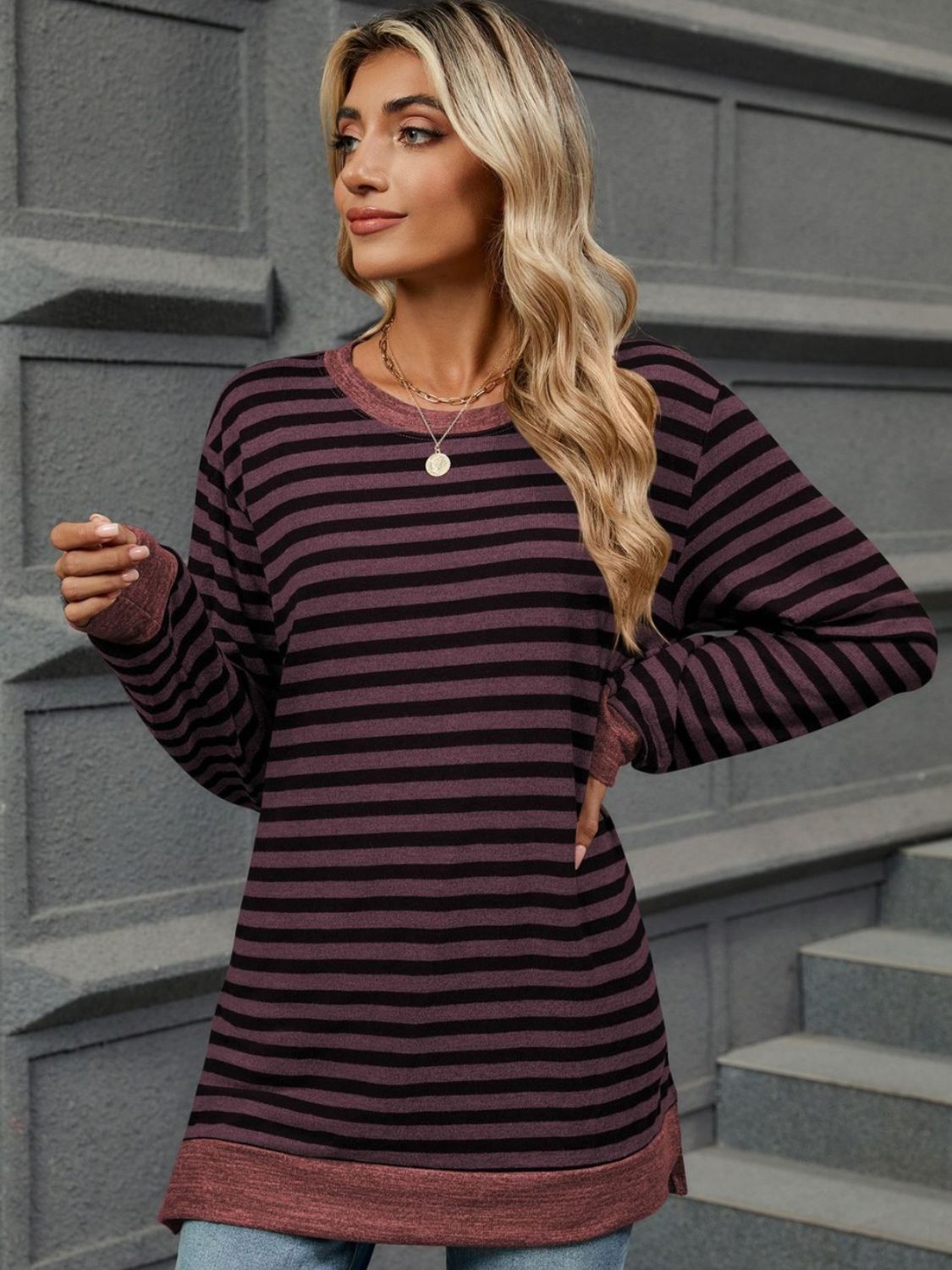 Striped Round Neck Long Sleeve T-Shirt Trendsi