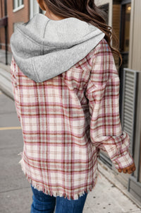 Plaid Raw Hem Drawstring Hooded Jacket Trendsi