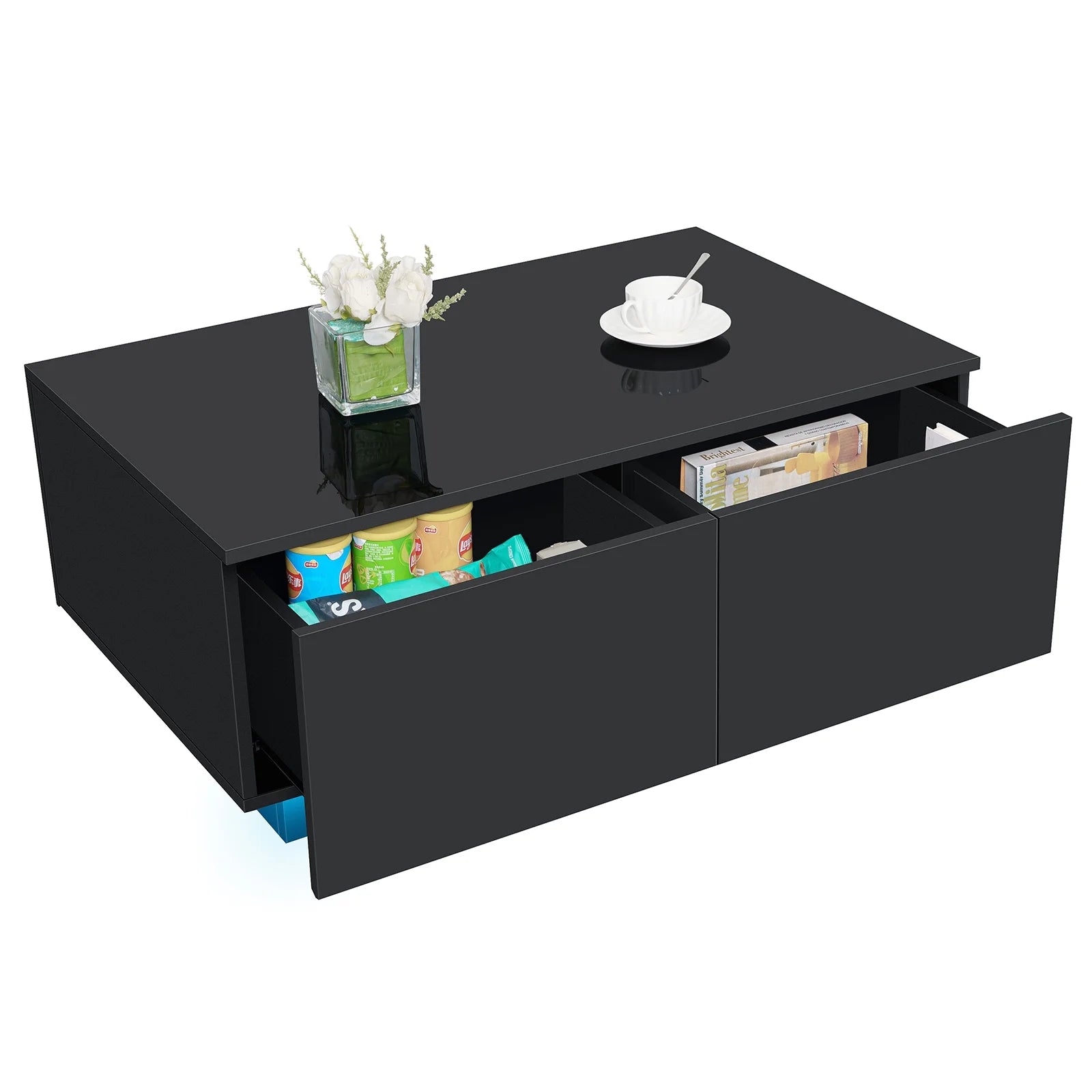 LED Coffee Table with 4 Drawers Center Cocktail Side Table Black High Gloss Finish