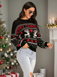 Perfee Christmas Element Round Neck Sweater Trendsi