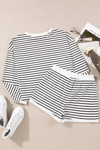 Striped Round Neck Long Sleeve Top and Shorts Set Trendsi