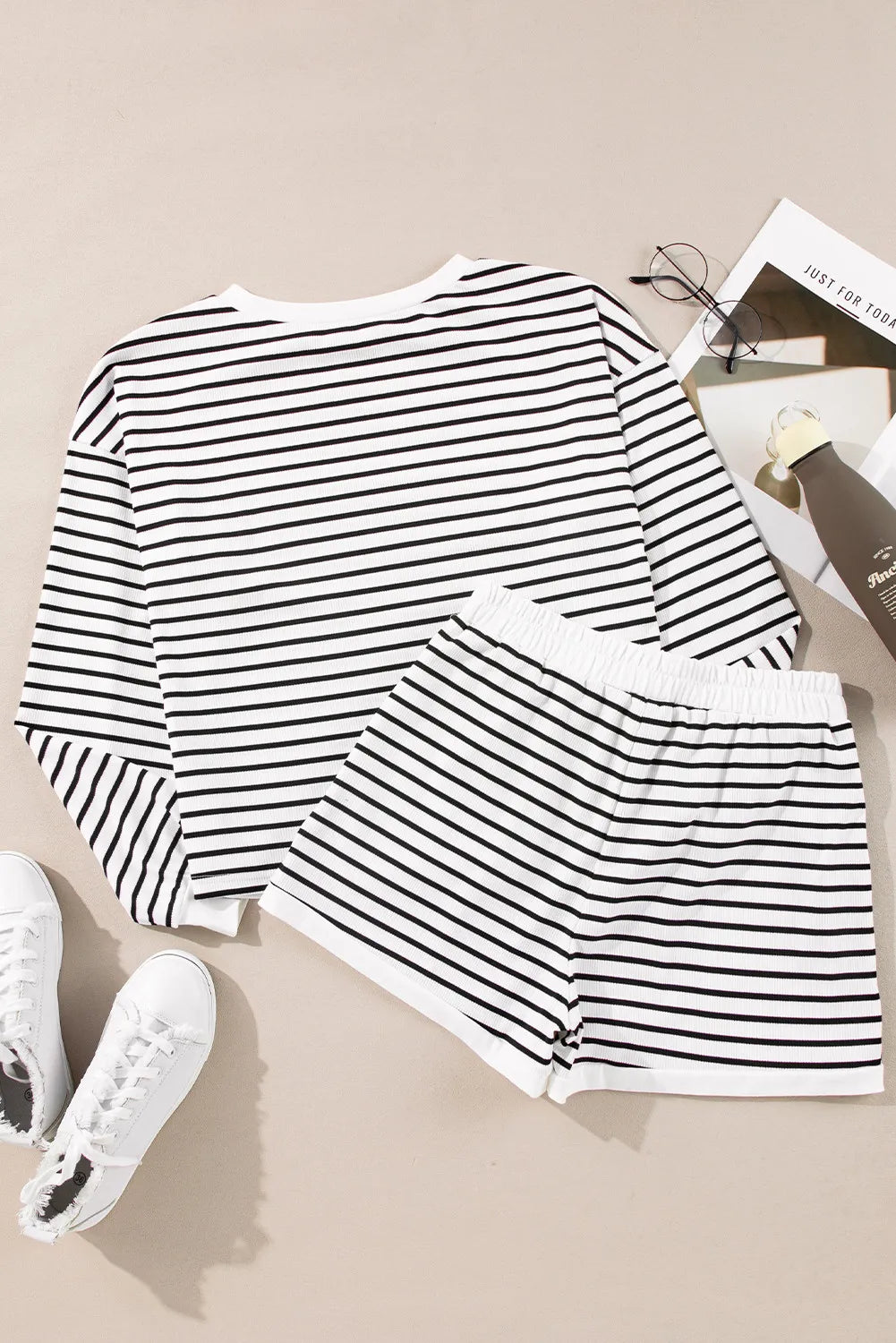 Striped Round Neck Long Sleeve Top and Shorts Set Trendsi