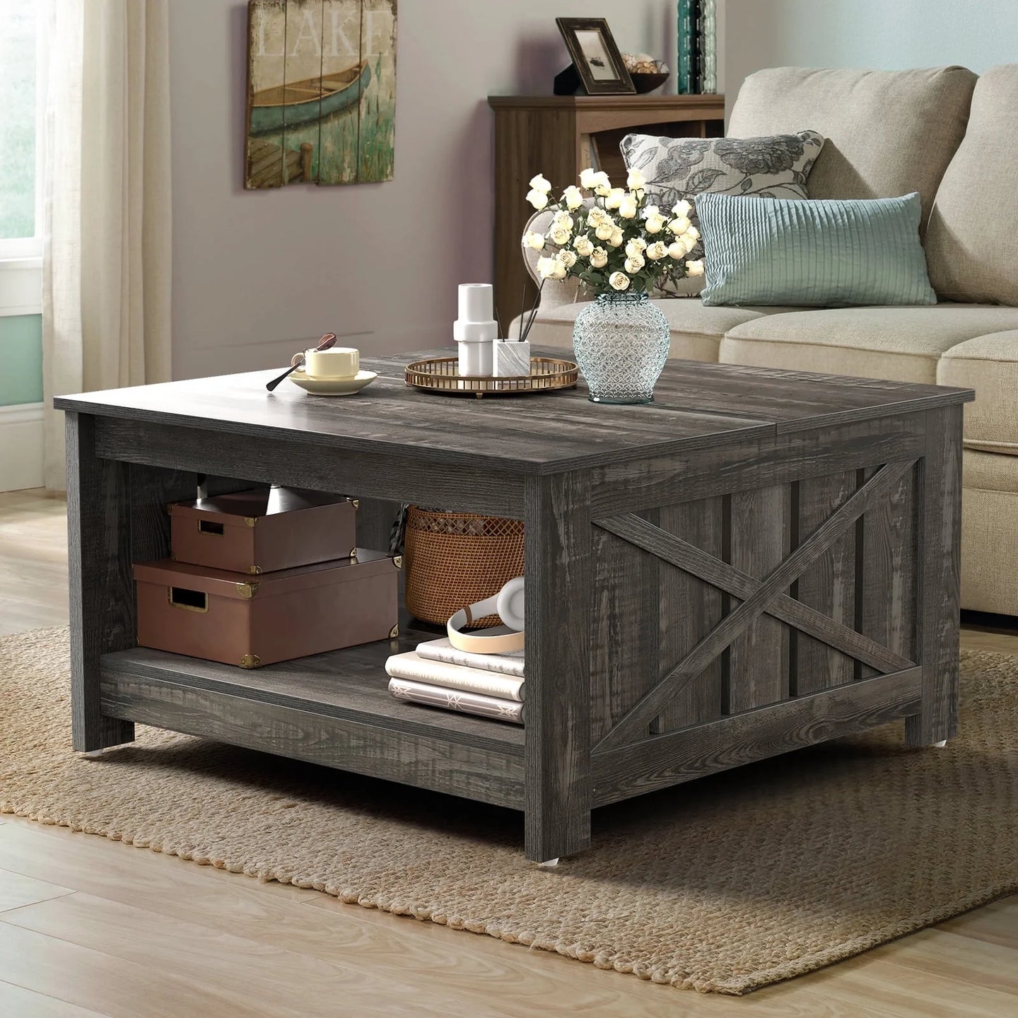 Dexturs Square Coffee Table, Farmhouse Coffee Table with Half Open Storage Compartment, Rustic Gray