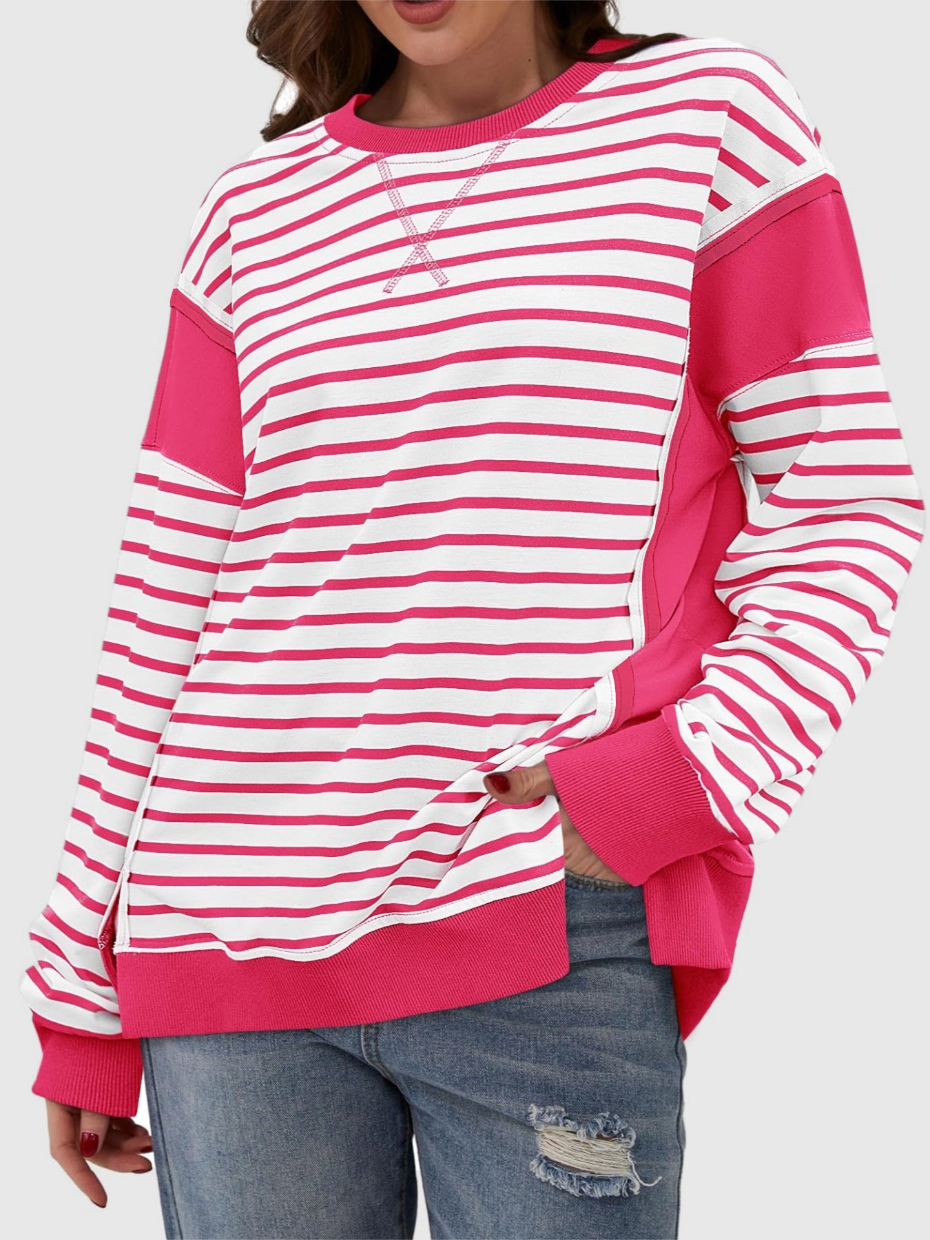 Slit Exposed Seam Striped Long Sleeve Sweatshirt Trendsi