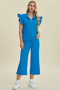 Double Take Full Size Texture Ruffle Short Sleeve Top and Wide Leg Pants Set Trendsi