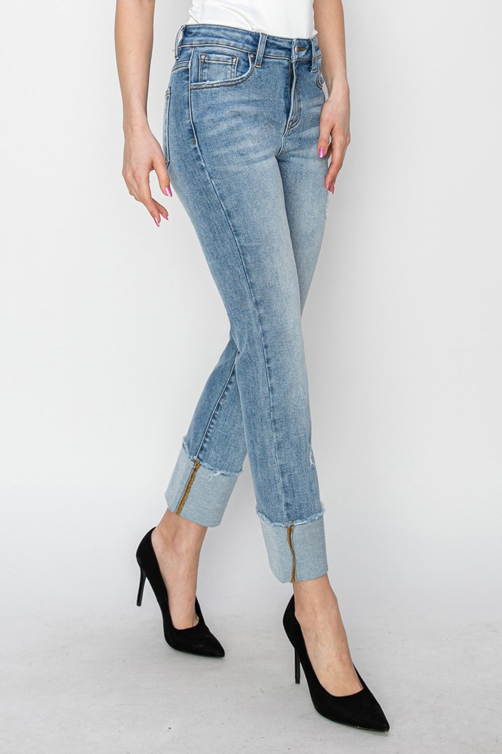 RISEN Full Size High Rise Cuffed Slim Straight Jeans Trendsi