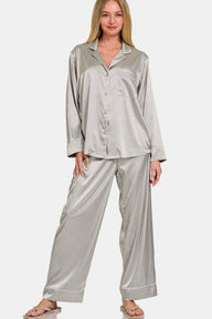 Zenana Satin Long Sleeve Shirt and Pants Pajama Set Trendsi