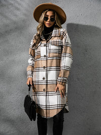 Plaid Collared Neck Long Sleeve Coat Trendsi