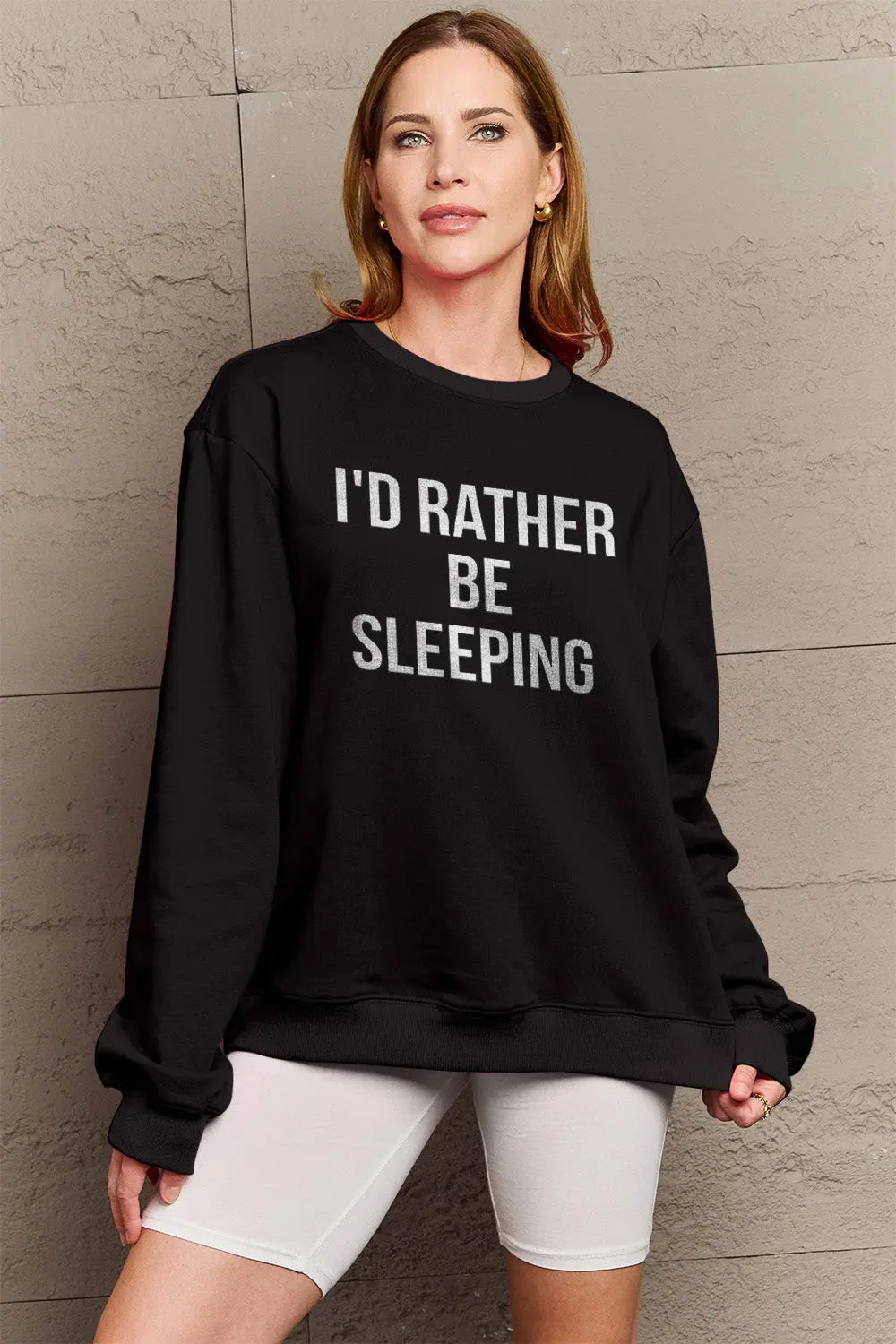 Simply Love Full Size I'D RATHER BE SLEEPING Round Neck Sweatshirt Trendsi