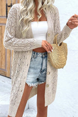 Openwork Button Down Long Sleeve Cardigan Trendsi