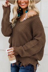 Frayed Hem Dropped Shoulder Sweater Trendsi