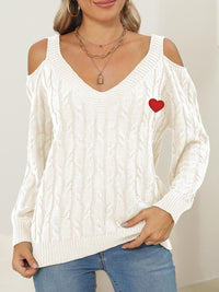 Cable-Knit Heart V-Neck Sweater Trendsi