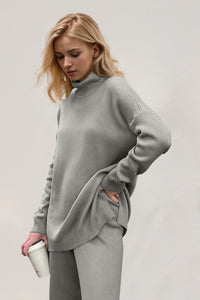 Basic Bae Side Slit Turtleneck Dropped Shoulder Sweater Trendsi