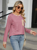 Pocketed Striped Round Neck Long Sleeve T-Shirt Trendsi