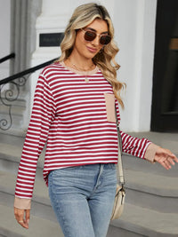 Pocketed Striped Round Neck Long Sleeve T-Shirt Trendsi