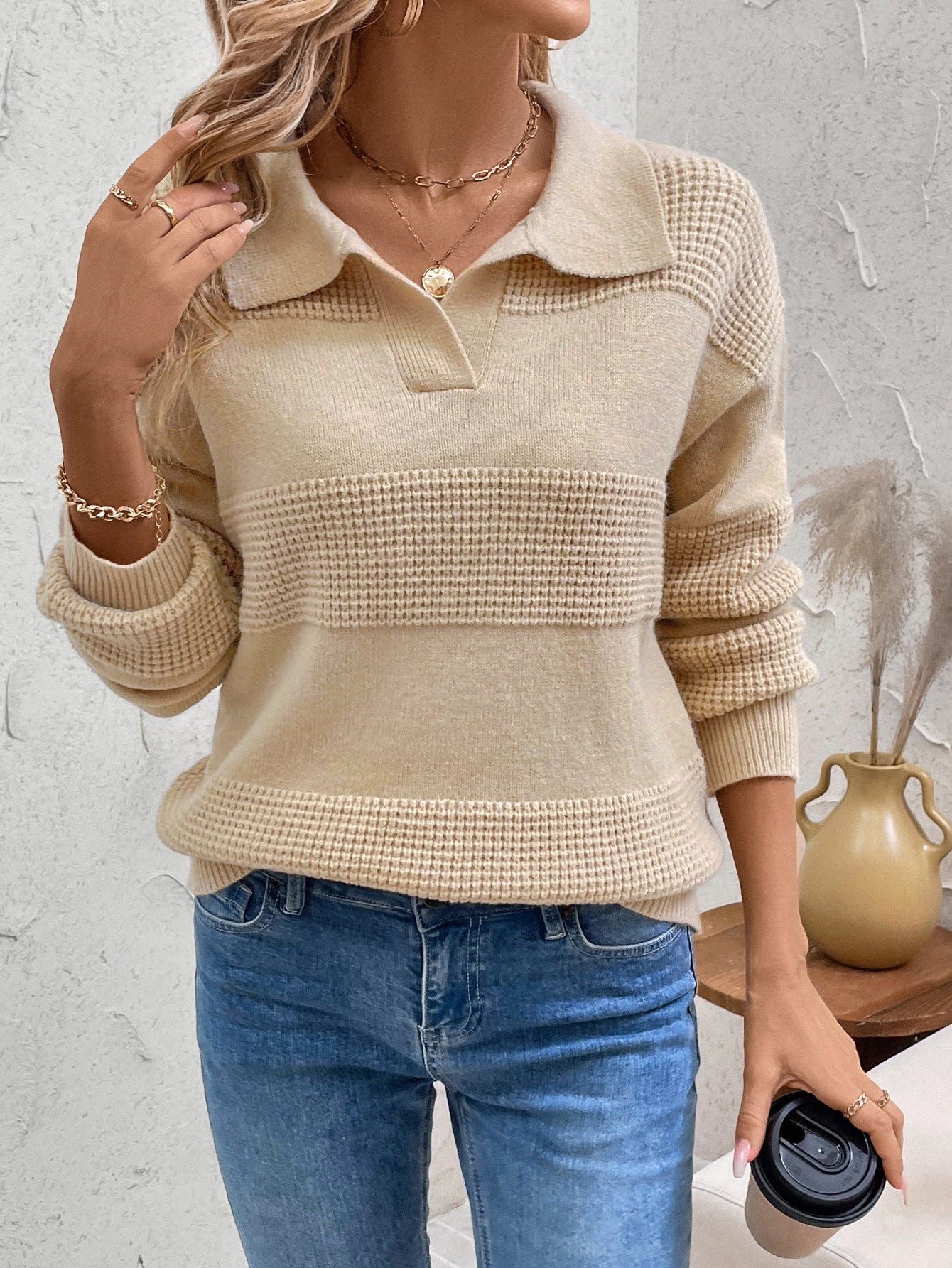 Perfee Johnny Collar Dropped Shoulder Sweater Trendsi