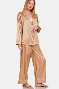 Zenana Satin Long Sleeve Shirt and Pants Pajama Set Trendsi