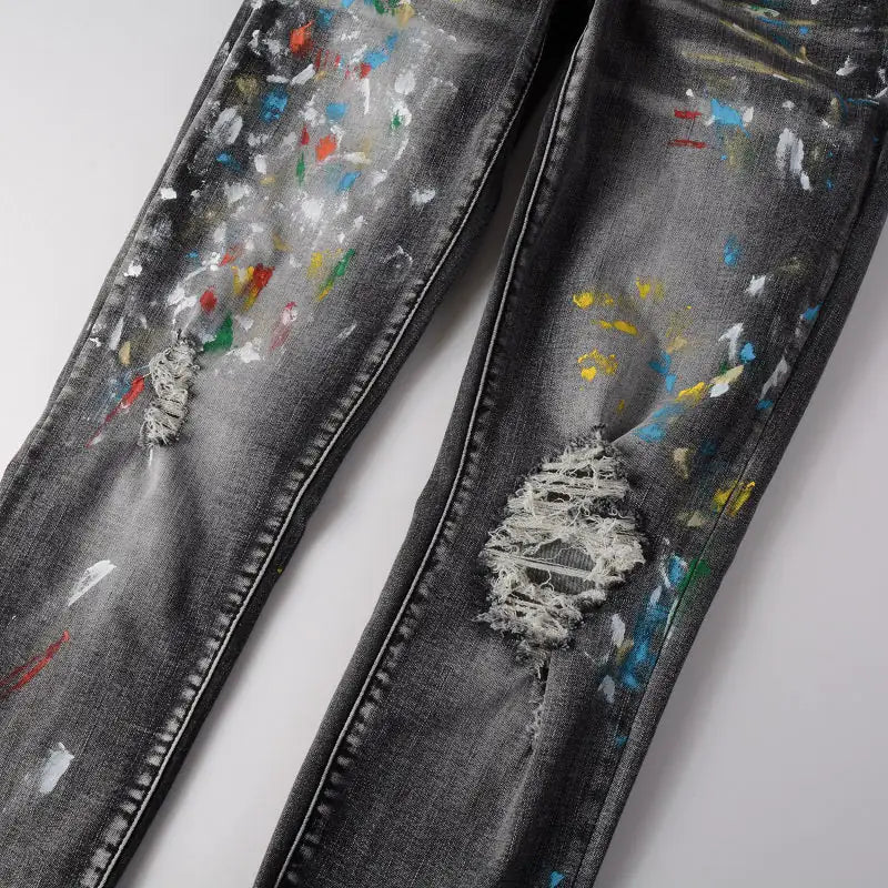 Men Speckle Ink Printed Vintage Pleated Ripped Jeans InSpaceX Fashion