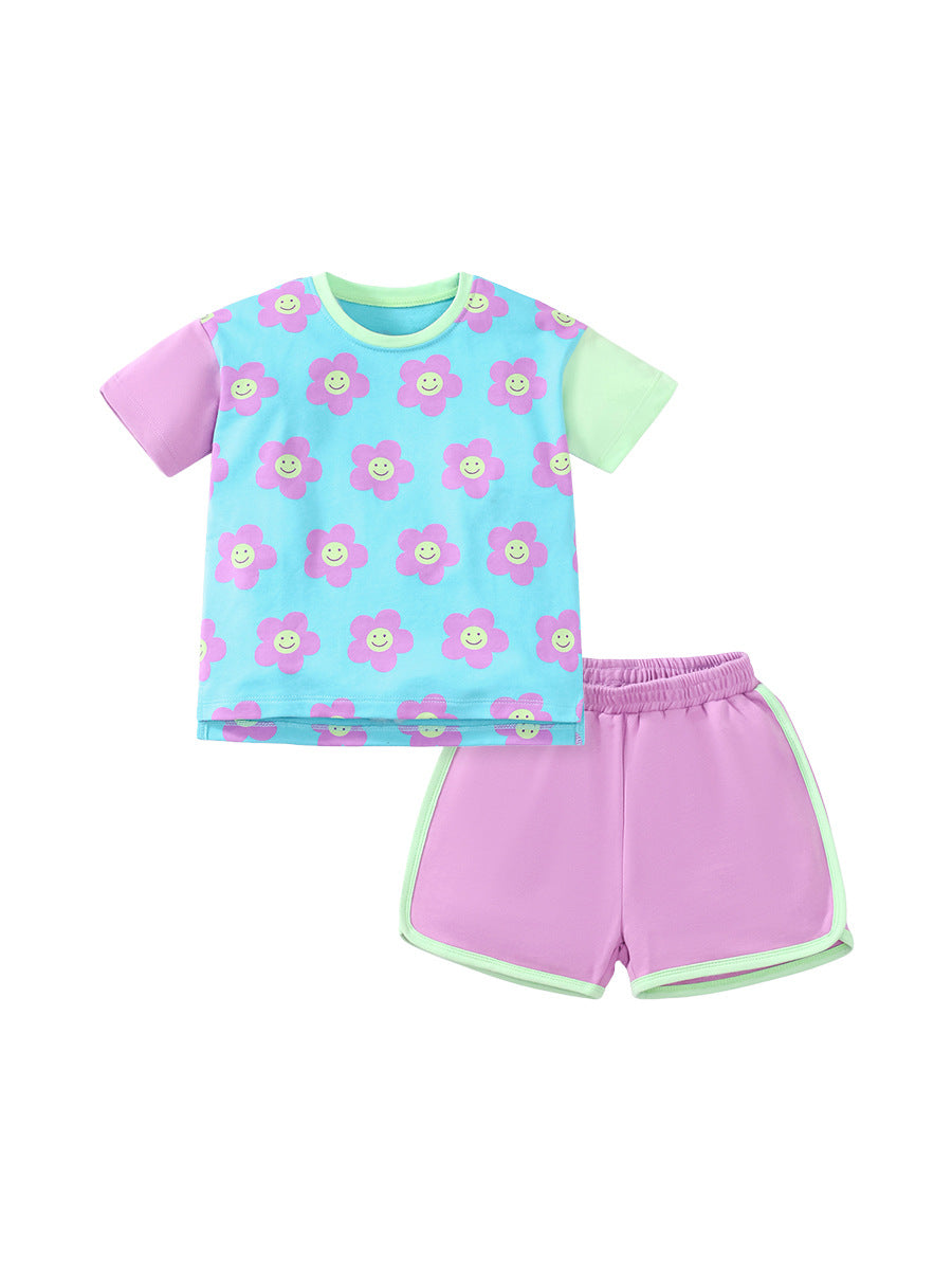 Baby And Kids Girls Floral Cartoon Top And Shorts Casual Home Clothing