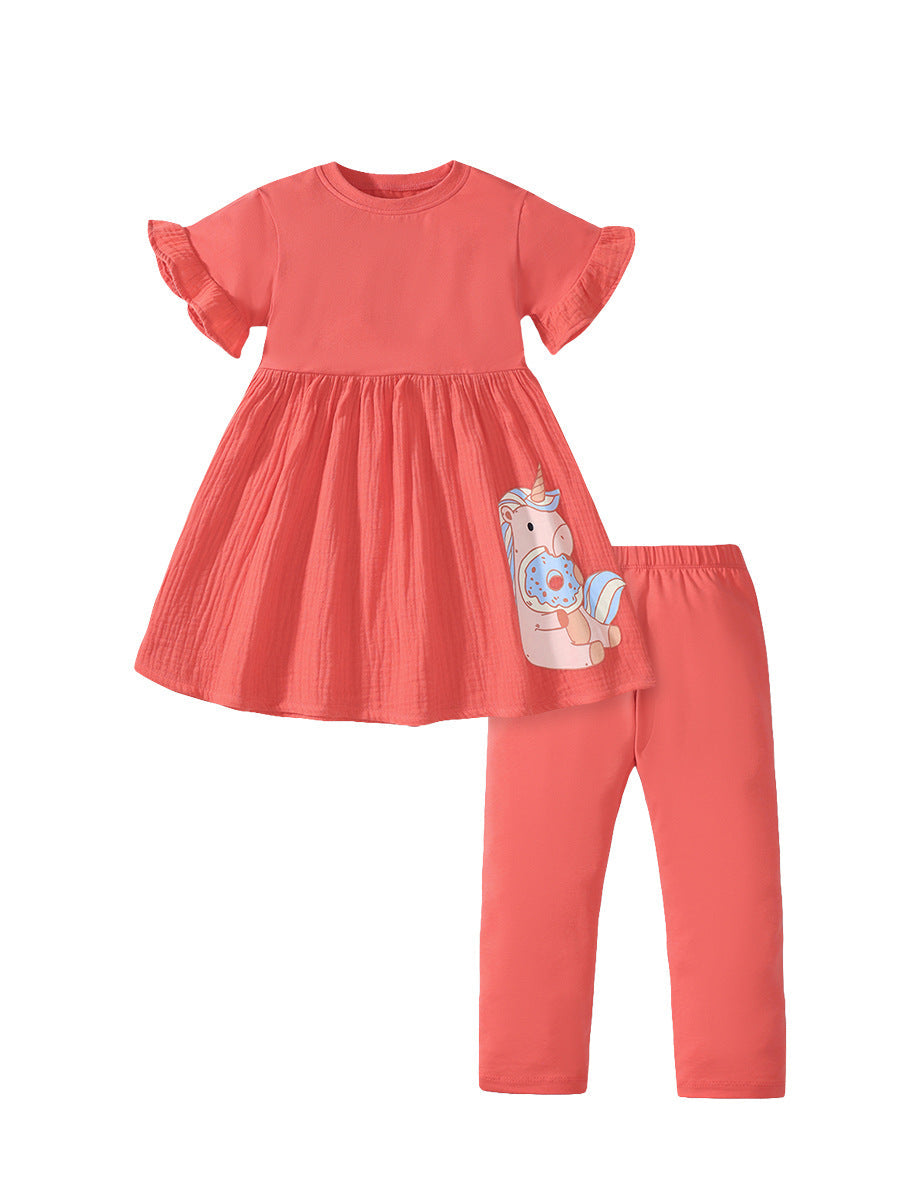 Summer Baby Kids Girls Unicorn Pattern Orange Dress And Pants Clothing