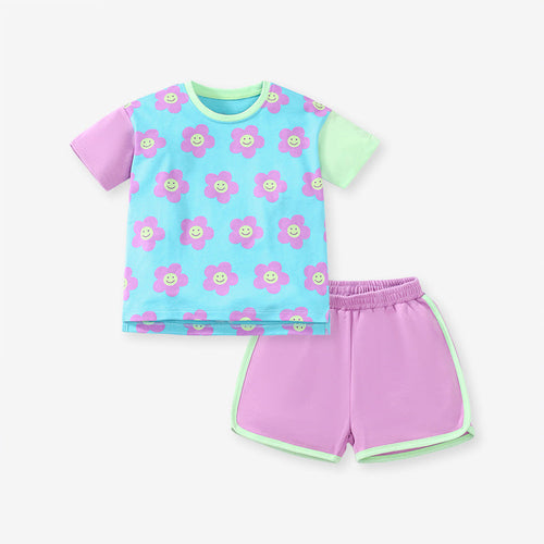 Baby And Kids Girls Floral Cartoon Top And Shorts Casual Home Clothing