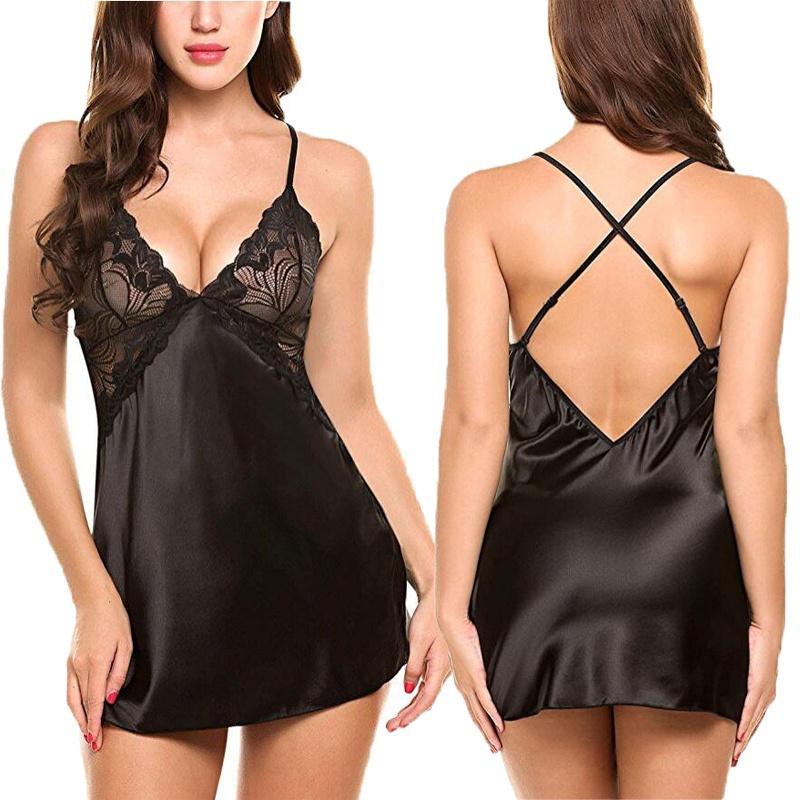 2018 Women Sexy Lingerie V Neck Nightwear Sex Satin Sleepwear Lace Jade