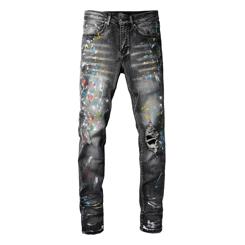 Men Speckle Ink Printed Vintage Pleated Ripped Jeans InSpaceX Fashion